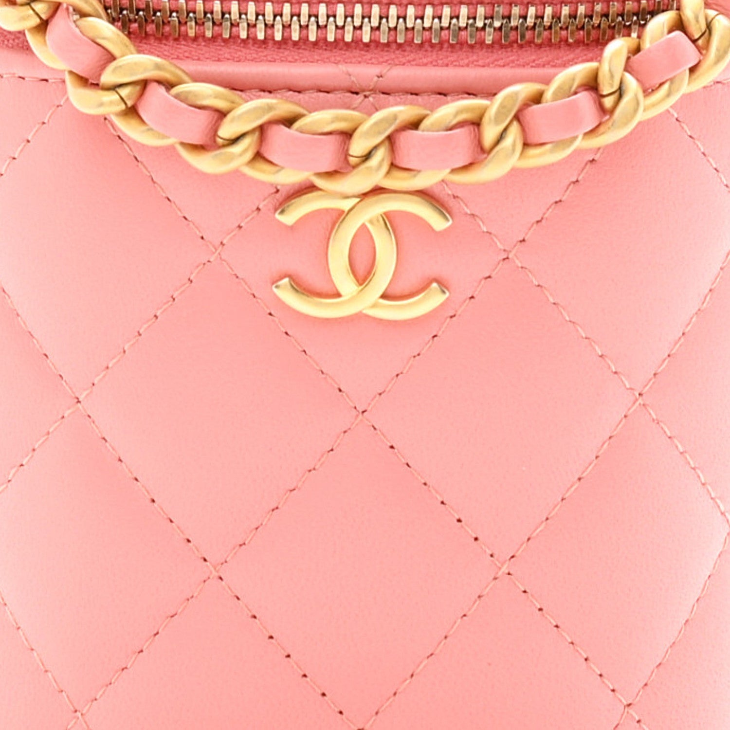 Lambskin Quilted Afternoon Tea Top Handle Vanity Case With Chain  Light Pink