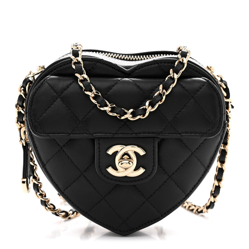 Lambskin Quilted CC In Love Heart Clutch With Chain Black