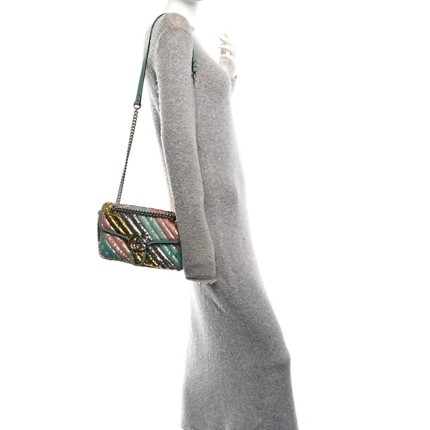 Sequin Satin Calfskin Matelasse Diagonal Small GG Marmont Shoulder Bag Grigio Argento Verde Chiaro Rosa Giallo Light Water Green