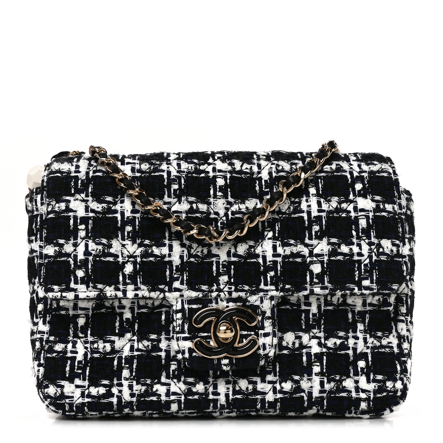 Tweed Resin Quilted Mini Heart Square Flap Navy White Black