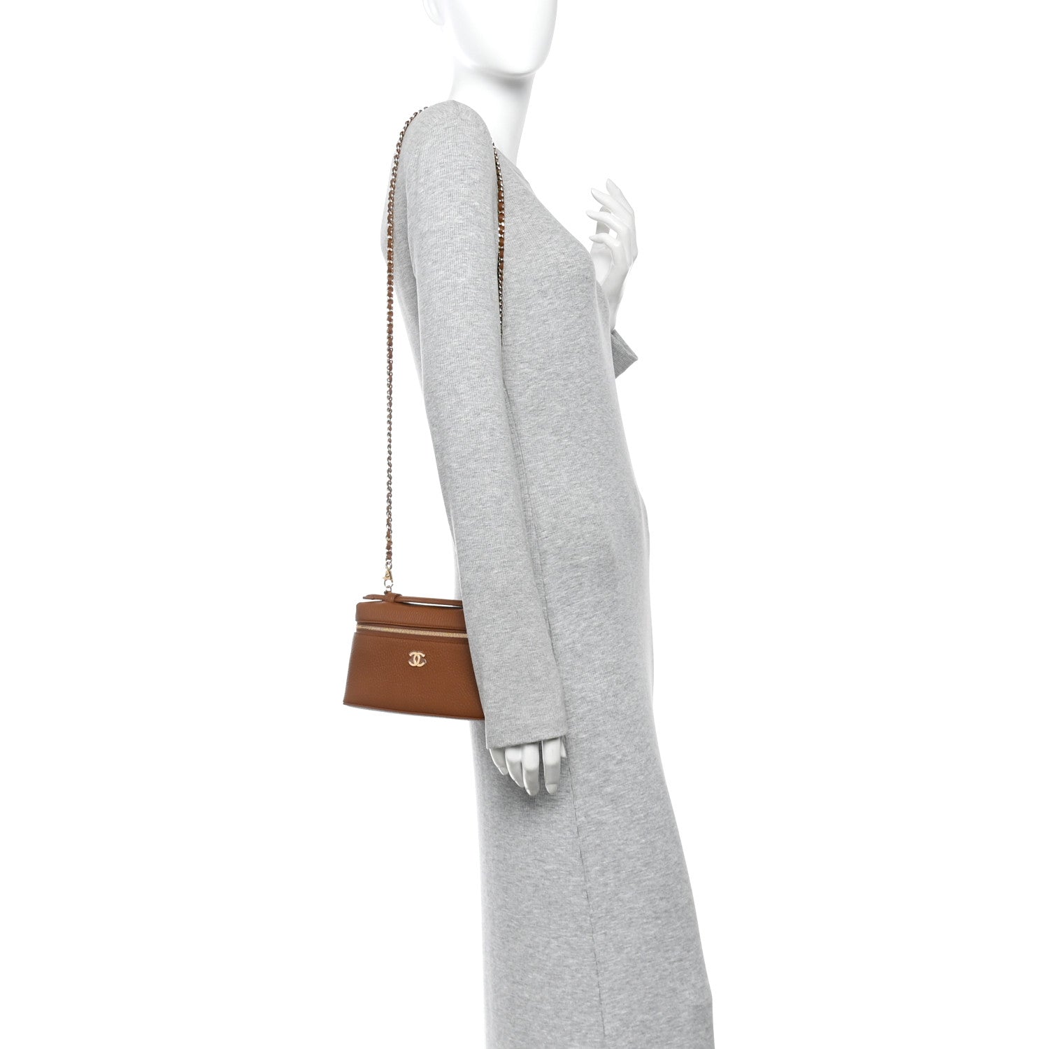 Grained Calfskin Top Handle Slim Vanity Case With Chain Camel Camel