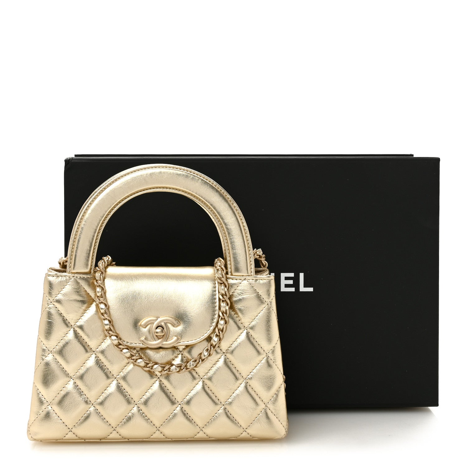 Metallic Shiny Aged Calfskin Quilted Nano Kelly Shopper Gold