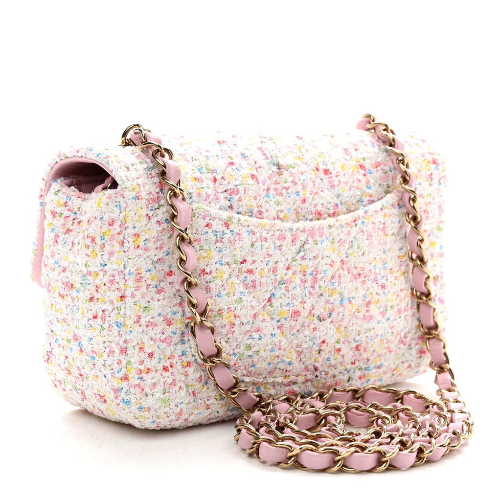Tweed Sequin Quilted Mini Rectangular Flap White Pink Green Blue
