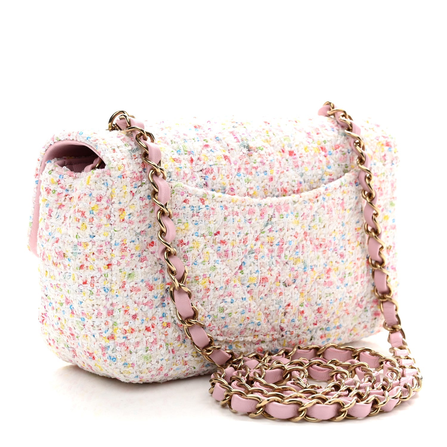 Tweed Sequin Quilted Mini Rectangular Flap White Pink Green Blue