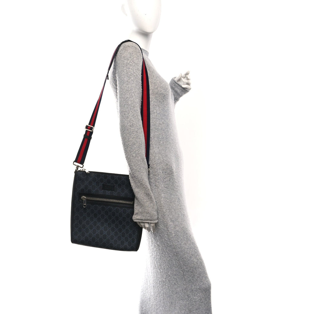 GG Supreme Monogram Appia Calfskin Web Flat Messenger Bag Black Grey Black Grey
