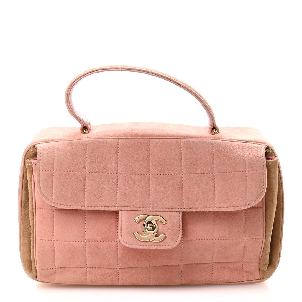 Suede Chocolate Bar Top Handle Flap Pink Beige