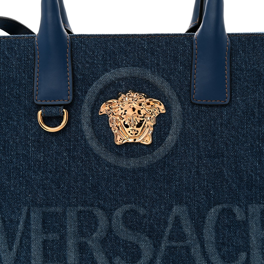 Denim Calfskin La Medusa Small Tote Bag Blue