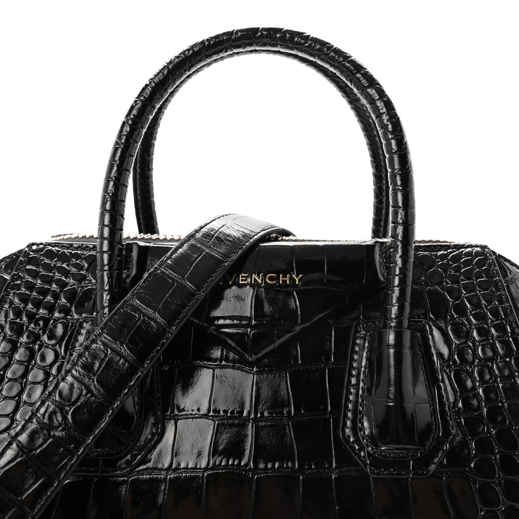 Calfskin Crocodile Embossed Small Antigona Black