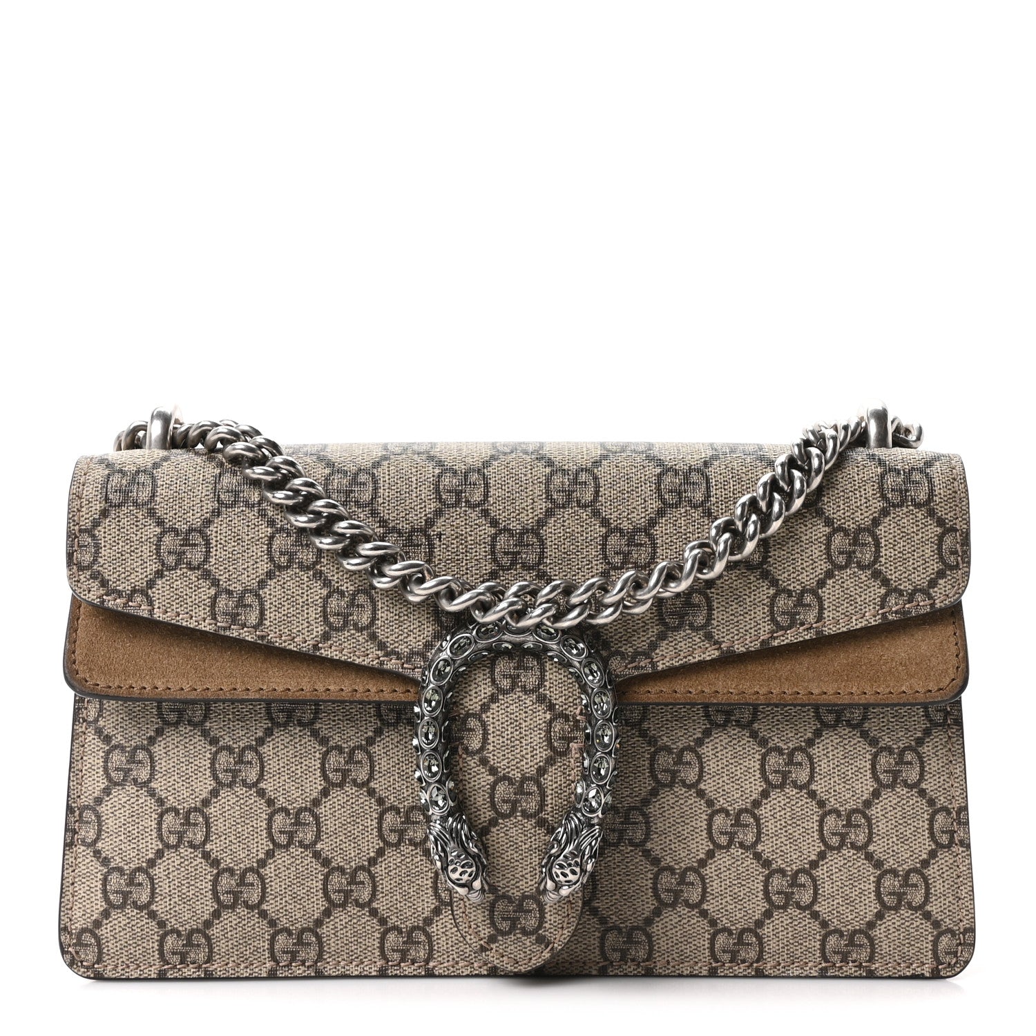 GG Supreme Monogram Suede Crystal Small Dionysus Shoulder Bag Beige Ebony Taupe