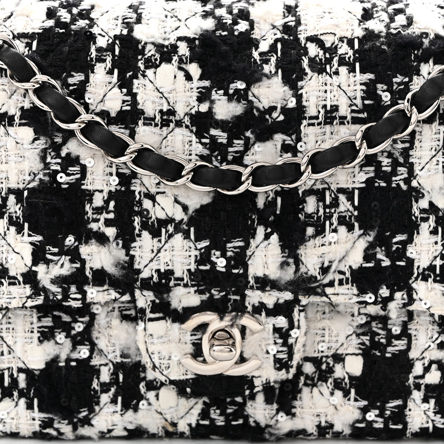Tweed Sequin Quilted Medium Double Flap Black White