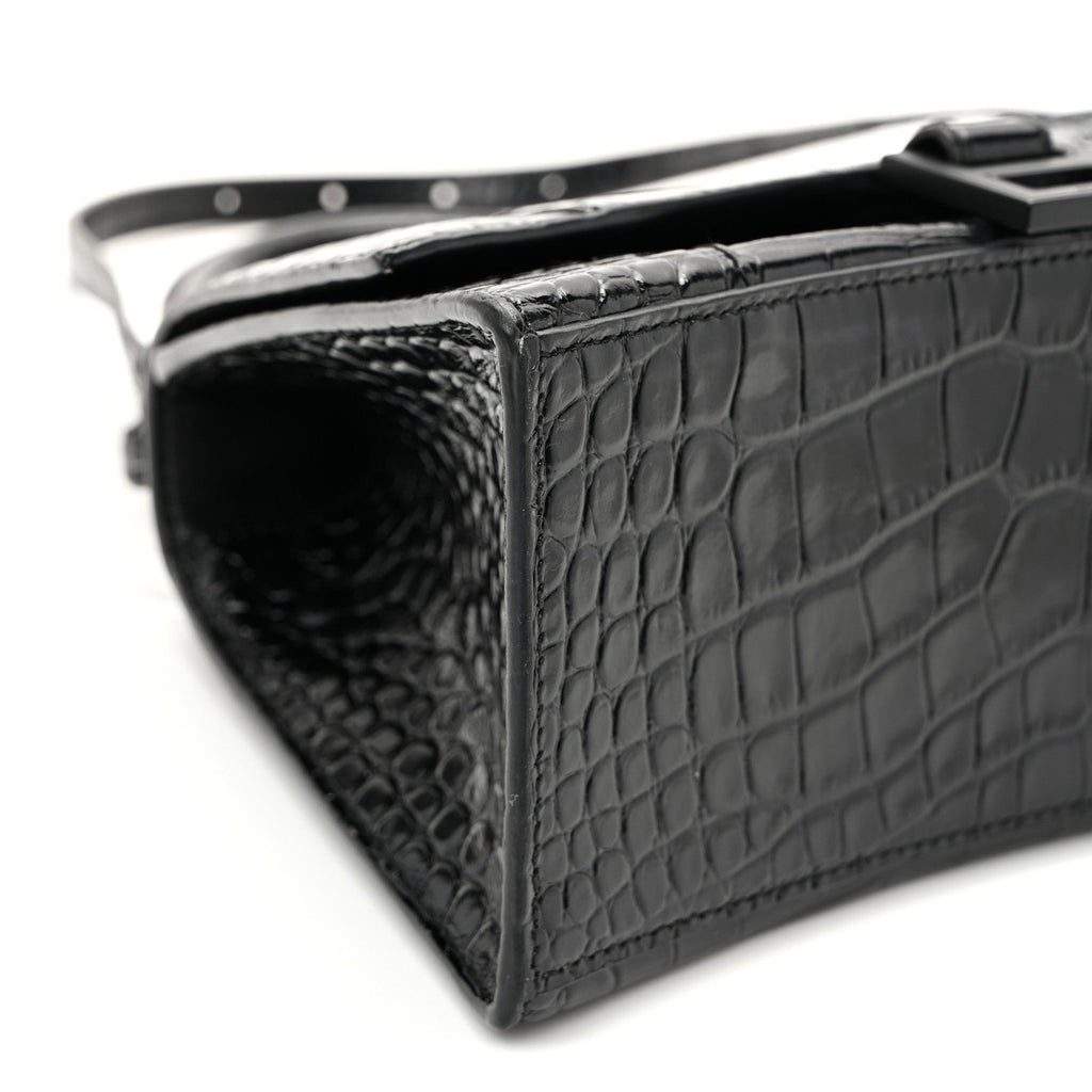 Shiny Calfskin Monochrome Crocodile Embossed Small Hourglass Top Handle Bag Black