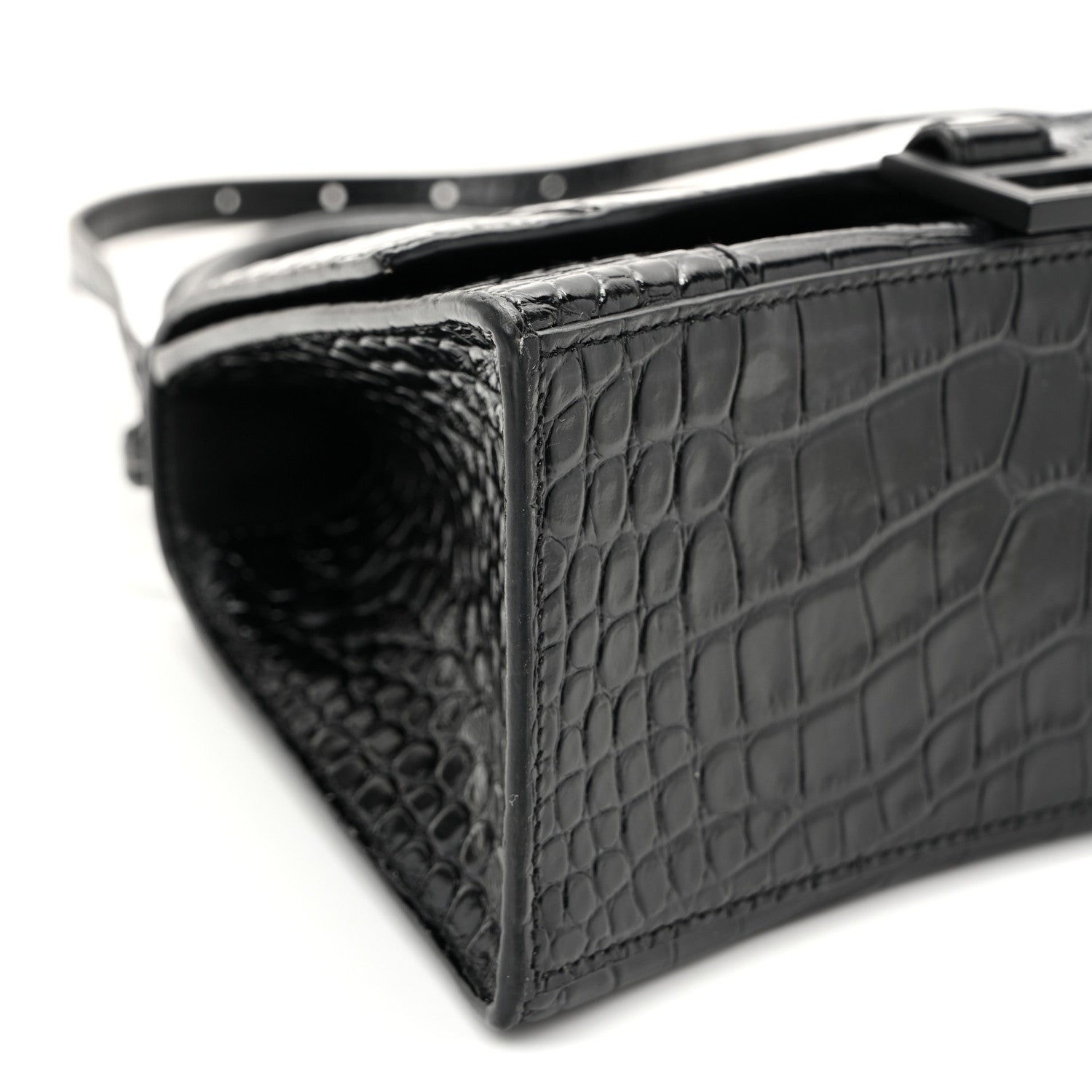 Shiny Calfskin Monochrome Crocodile Embossed Small Hourglass Top Handle Bag Black