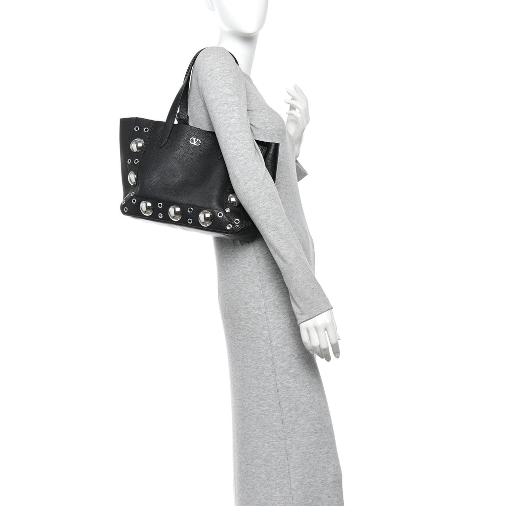 Grainy Calfskin Studded Small Nellcote Shopping Tote Black