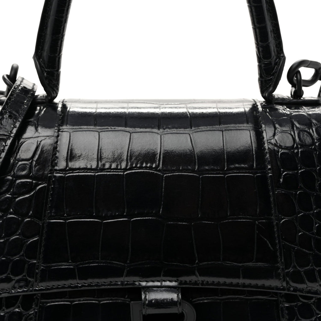 Shiny Calfskin Monochrome Crocodile Embossed Small Hourglass Top Handle Bag Black
