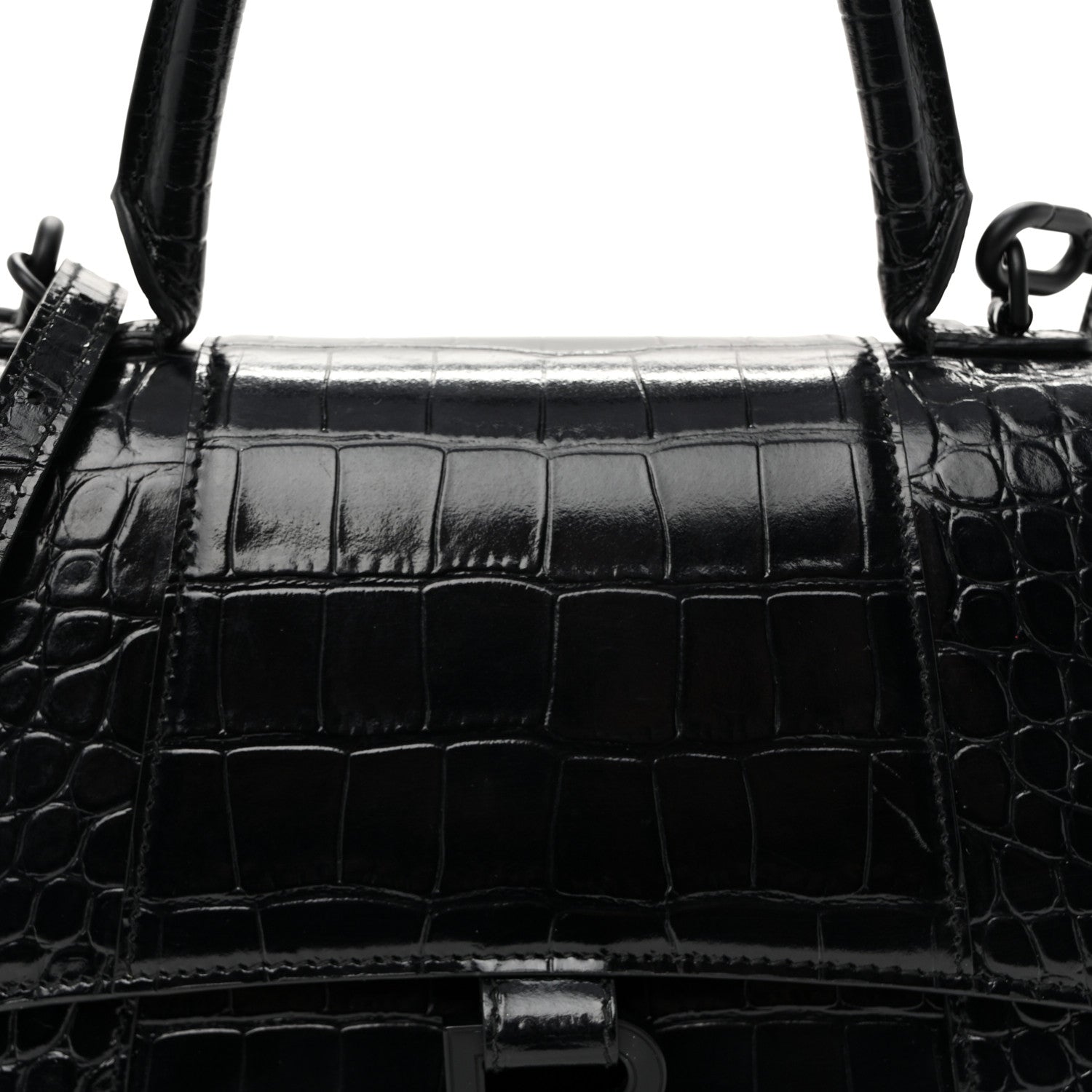 Shiny Calfskin Monochrome Crocodile Embossed Small Hourglass Top Handle Bag Black
