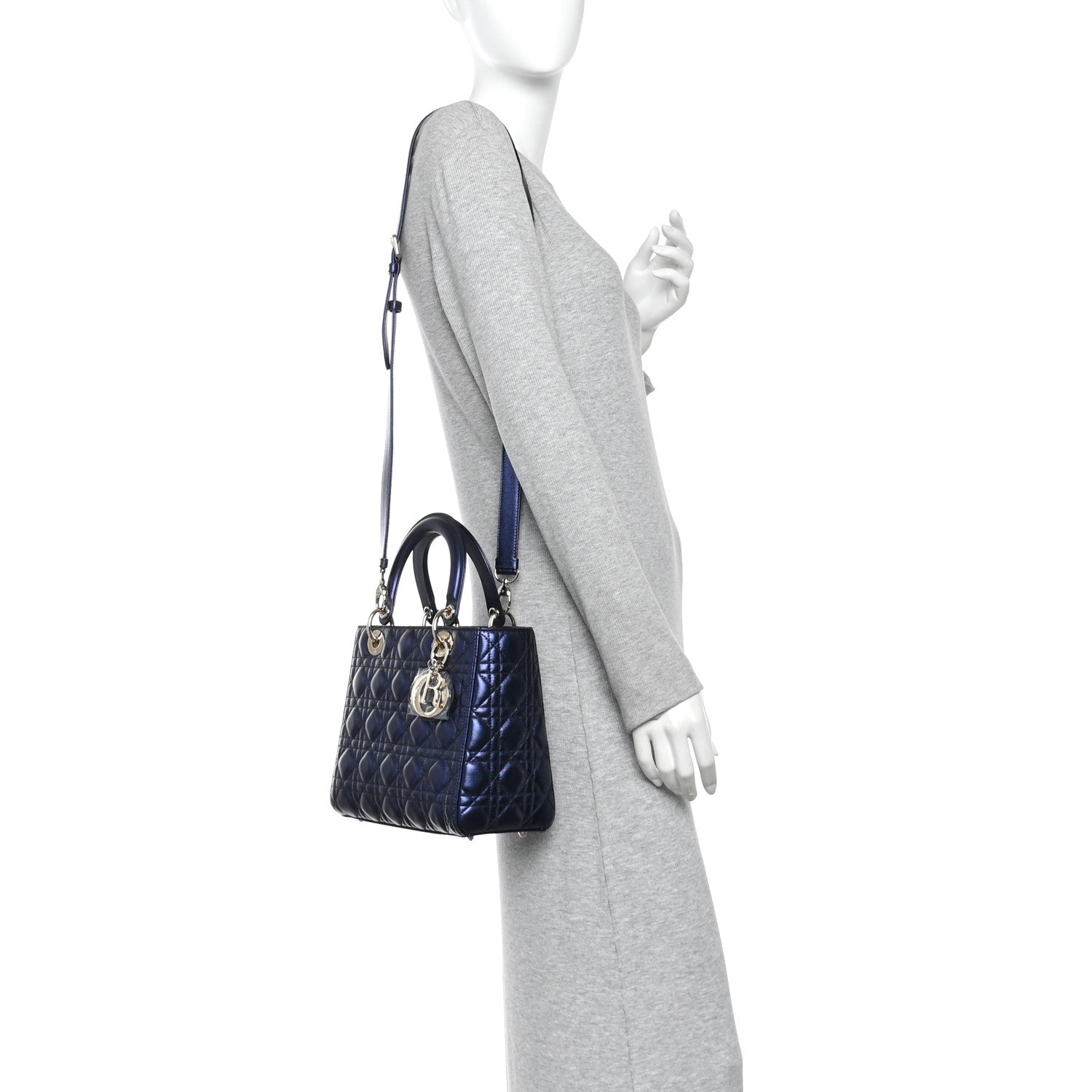 Metallic Calfskin Cannage Medium Lady Dior Blue