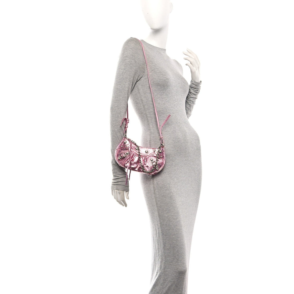 Metallic Agneau Arena Crystal Le Cagole Mini Purse With Chain Met Pink