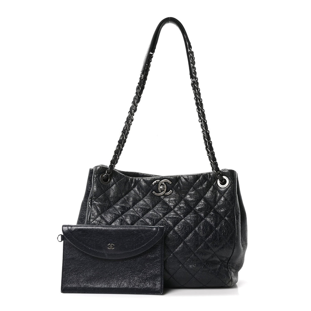 Glazed Calfskin Quilted Tote Navy