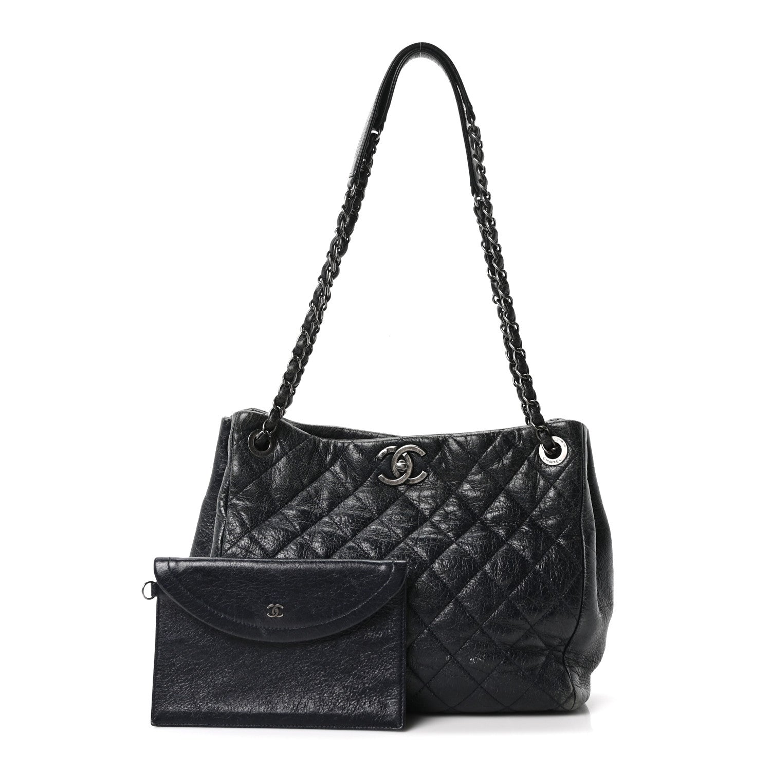 Glazed Calfskin Quilted Tote Navy
