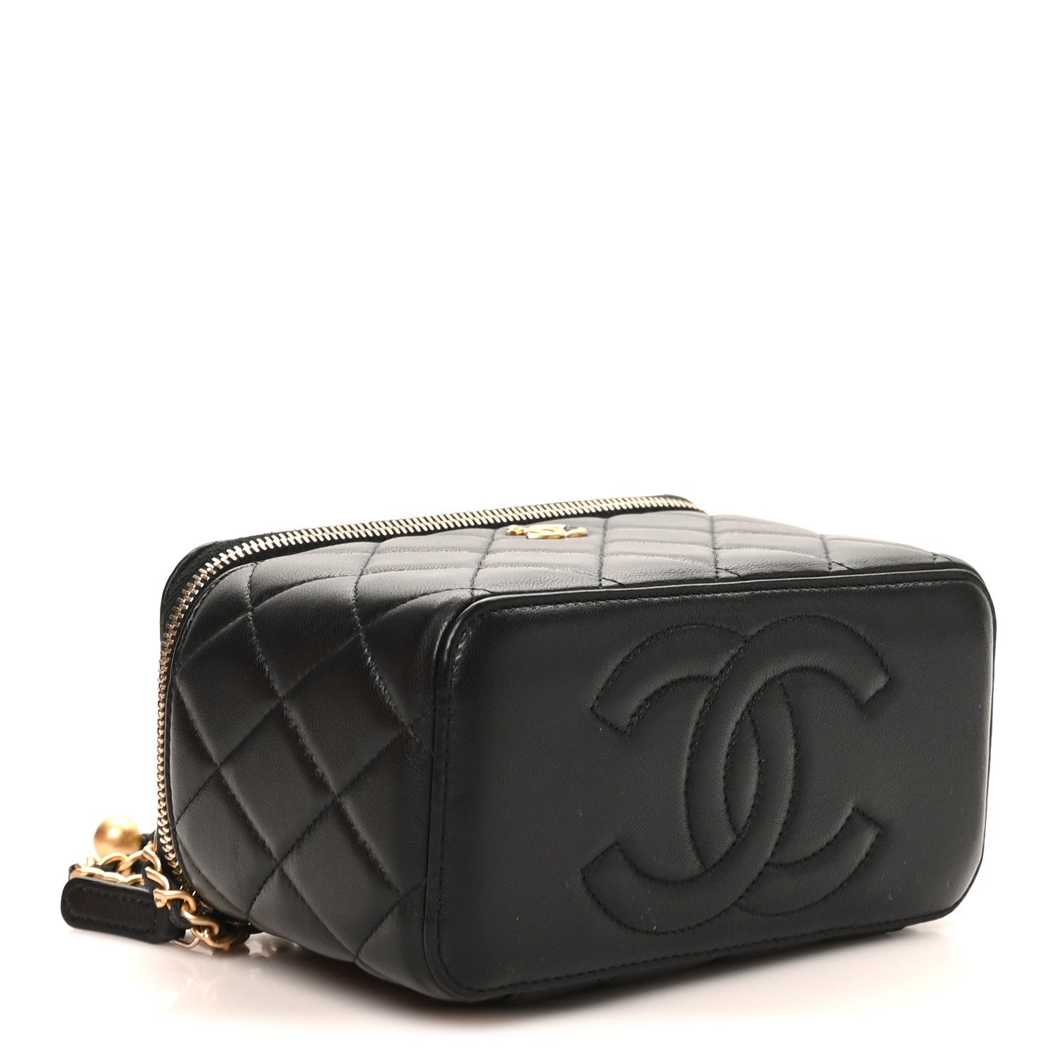 Lambskin Quilted Pearl Crush Small Vanity Case With Chain Black