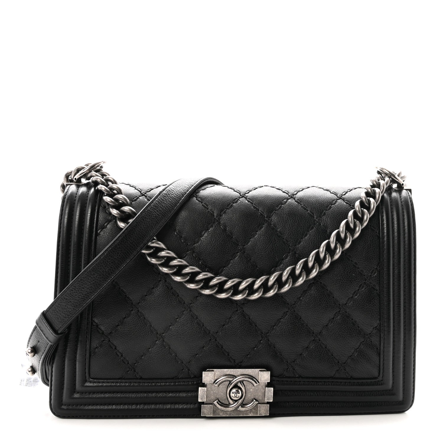Calfskin Quilted Double Stitch New Medium Boy Flap Black