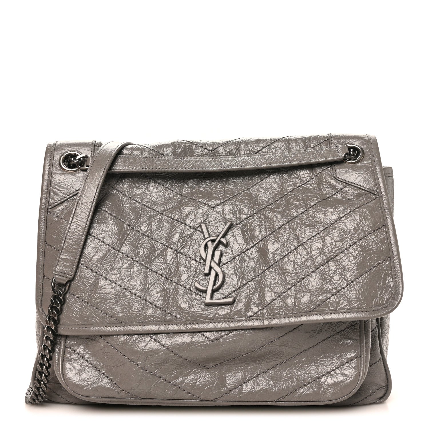 Crinkled Calfskin Matelasse Monogram Large Niki Chain Satchel Fog