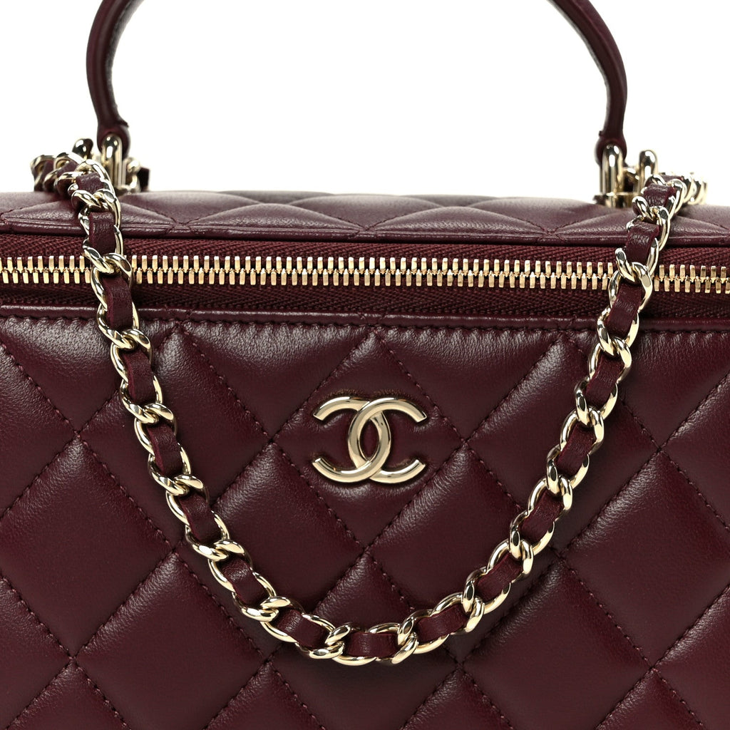 Lambskin Quilted Small Top Handle Vanity Case With Chain Burgundy Burgundy