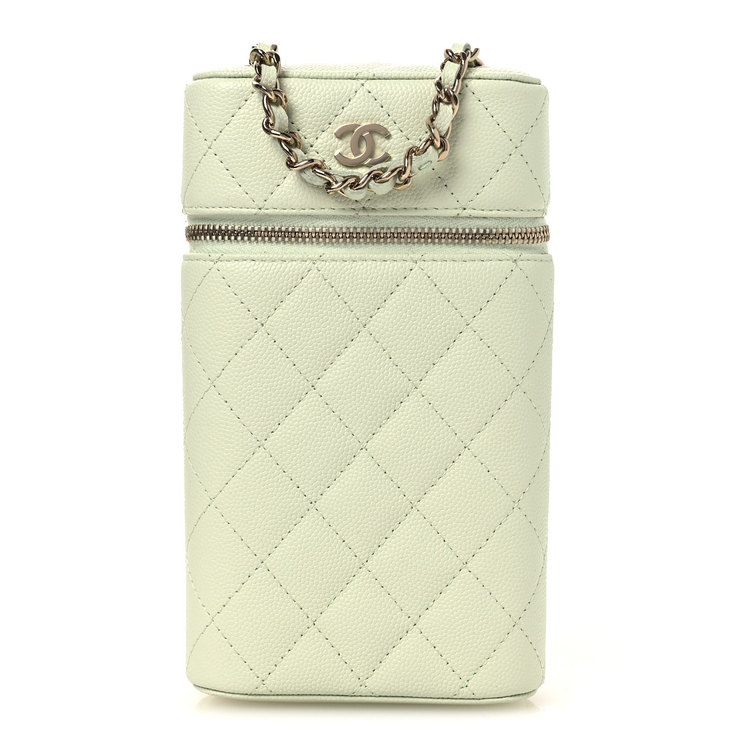 Caviar Quilted Phone Holder With Chain Light Green