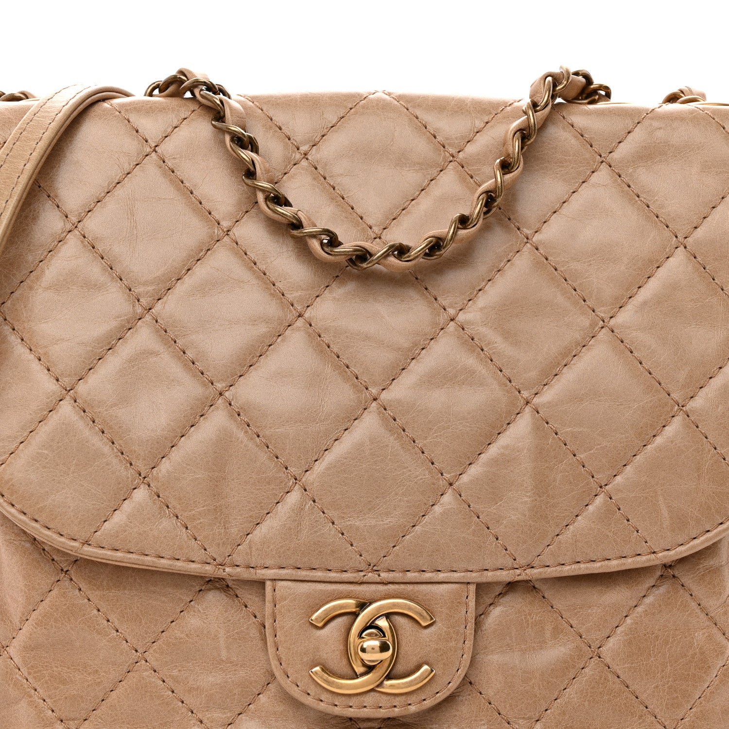 Glazed Calfskin Quilted Medium Bubble CC Flap Beige