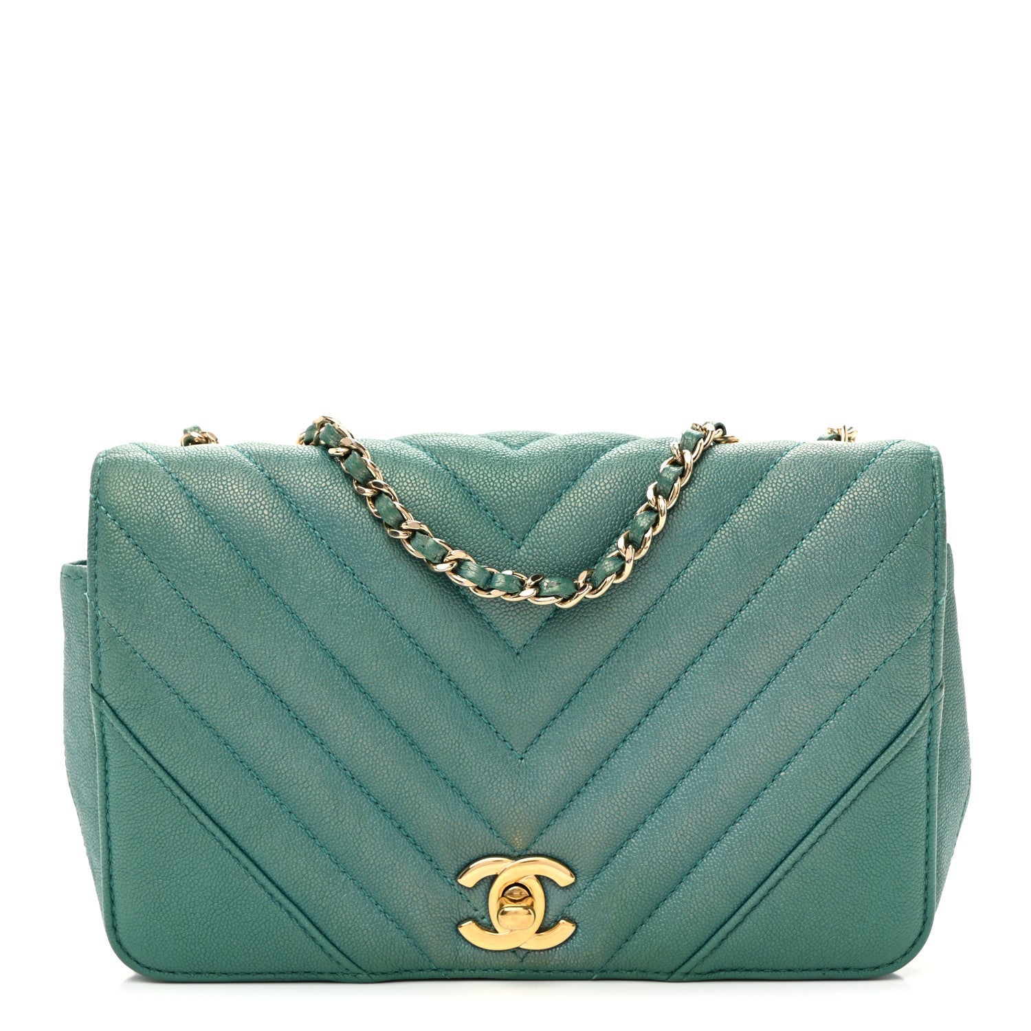 Metallic Caviar Chevron Quilted Small Statement Flap Turqouise