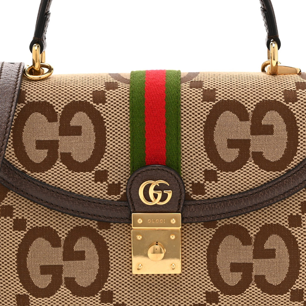 Monogram Jumbo GG Textured Dollar Calfskin Web Small Ophidia Padlock Top Handle Bag Camel Ebony New Acero