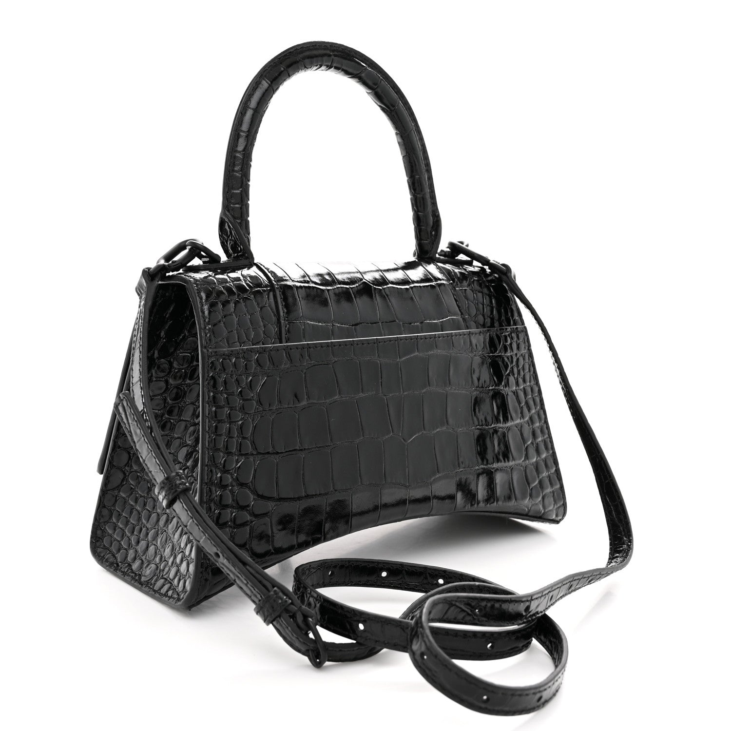Shiny Calfskin Monochrome Crocodile Embossed Small Hourglass Top Handle Bag Black