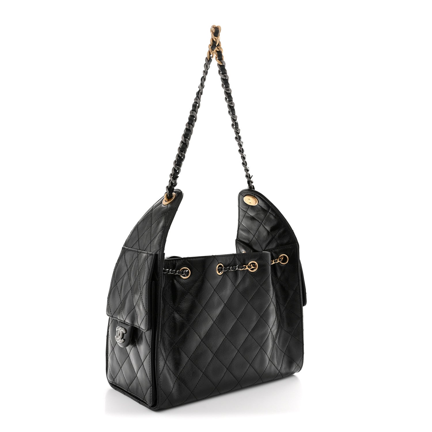 Shiny Crumpled Calfskin Quilted Small Chanel 25 Handbag Black