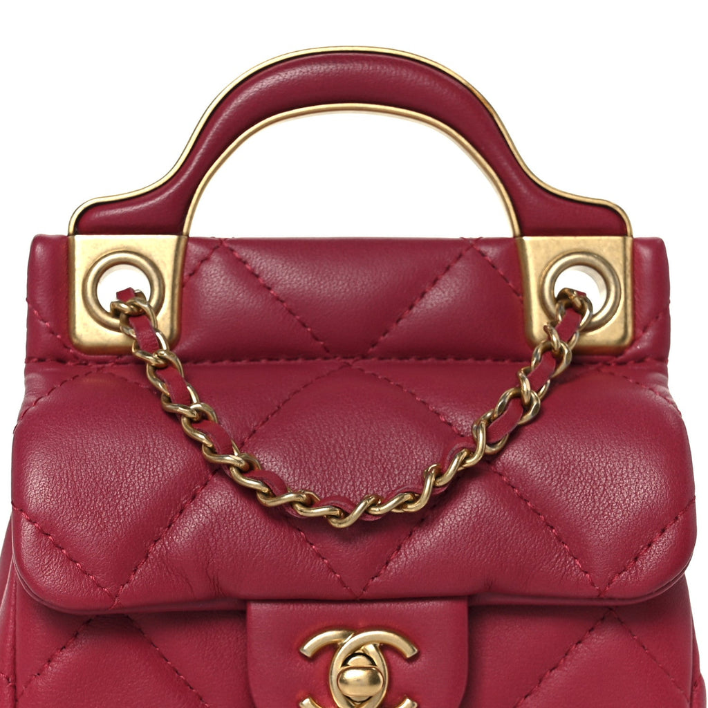 Calfskin Quilted Lady Handle Flap Card Holder With Chain Dark Pink