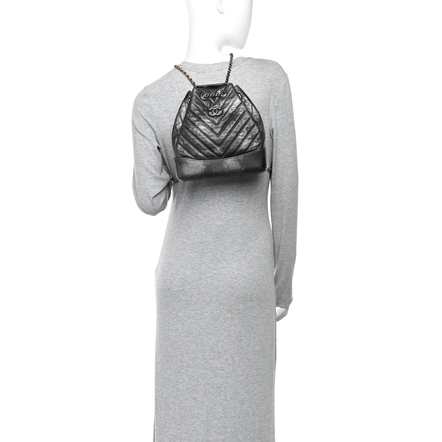 Metallic Grained Goatskin Chevron Quilted Gabrielle Backpack Dark Silver Gold
