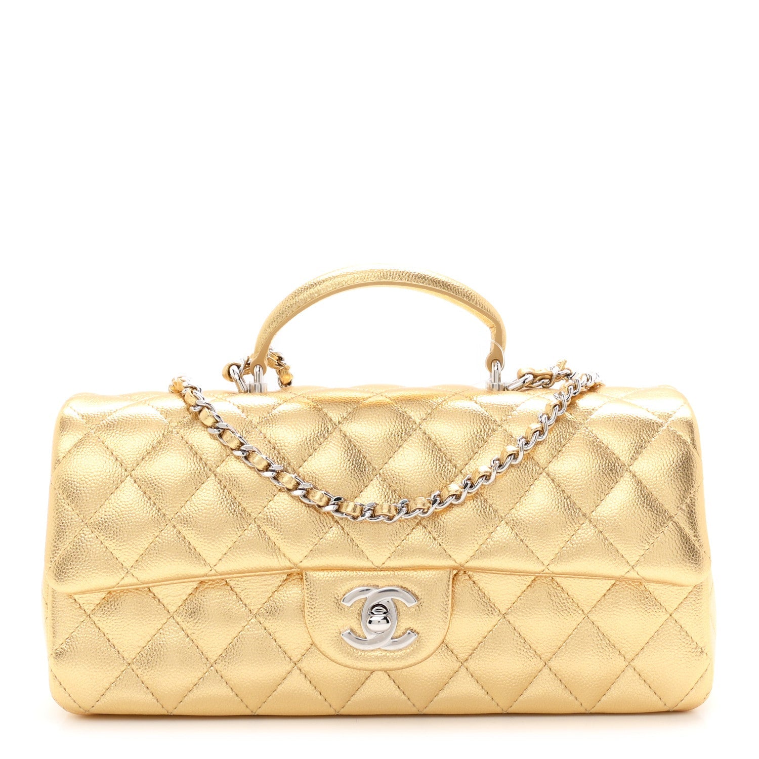 Metallic Caviar Quilted Top Handle East West Flap Gold