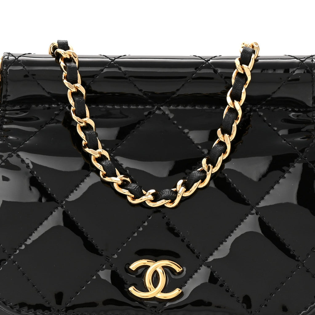Patent Quilted Frame Clutch Flap With Chain Black