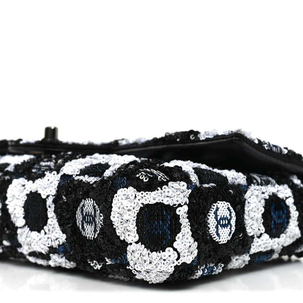 Satin Sequin Embellished Flower East West Flap Black White Blue