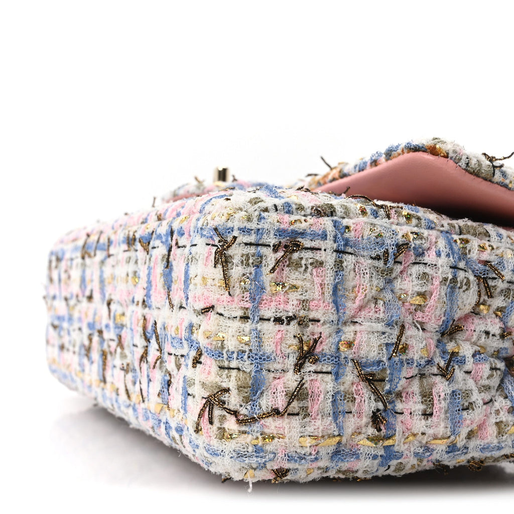 Tweed Quilted Medium Double Flap Blue Pink Gold White