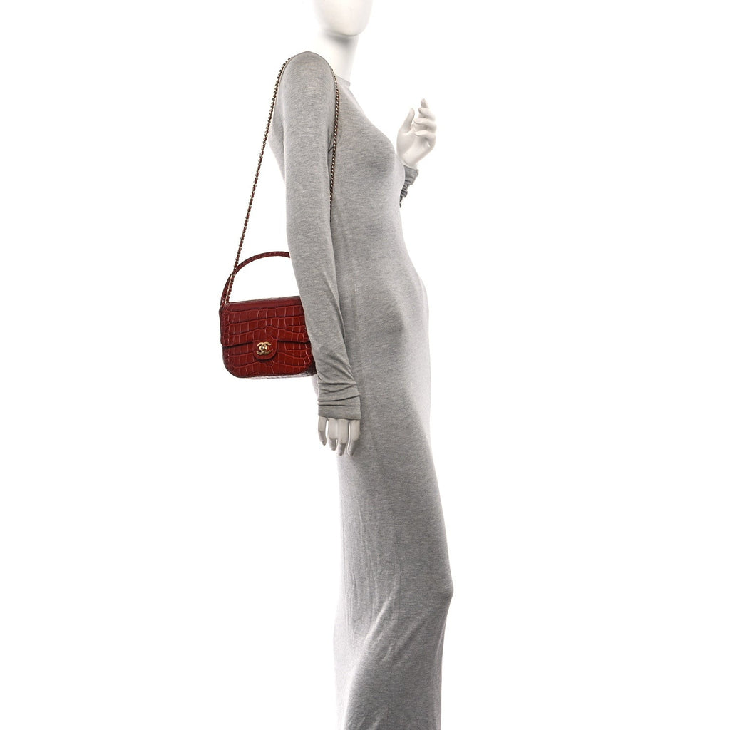 Calfskin Crocodile Embossed Turn Around Mini Flap Burgundy