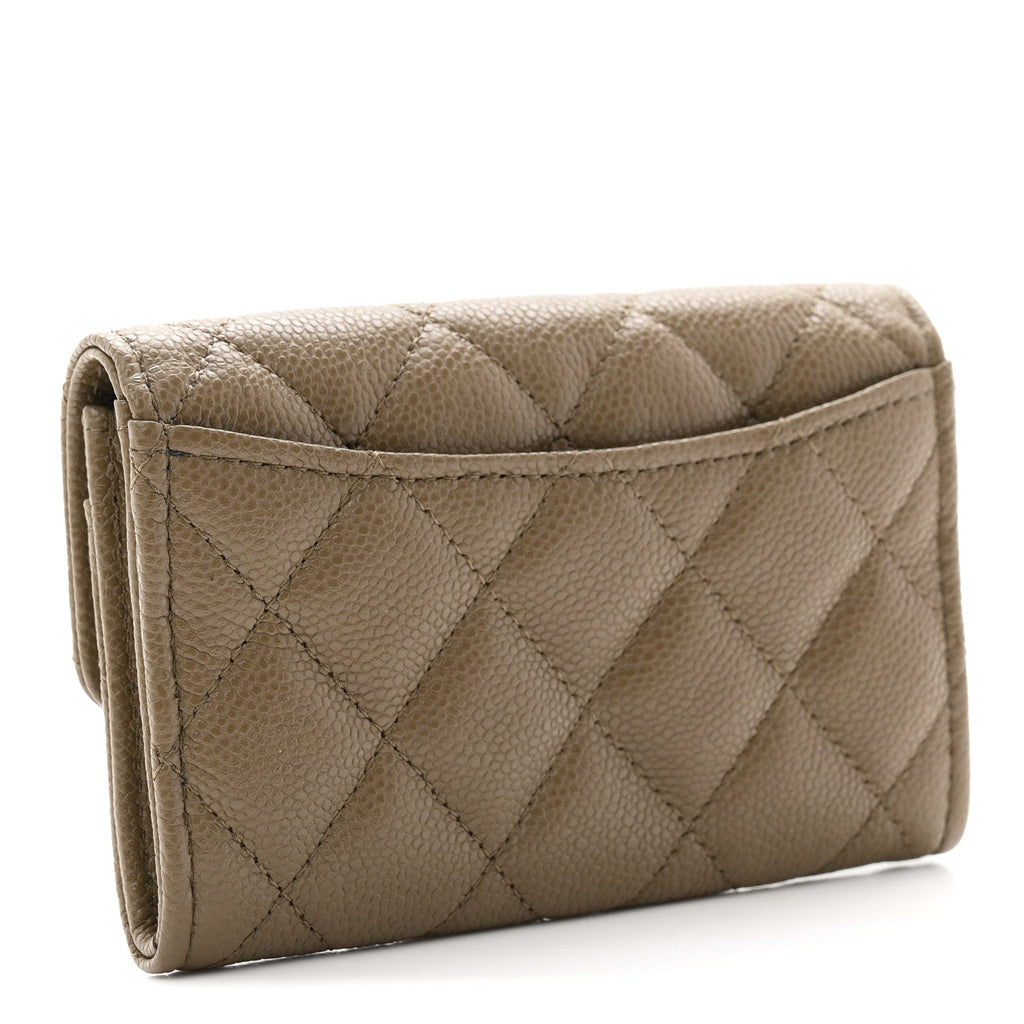 Caviar Quilted Flap Card Holder Wallet Dark Khaki
