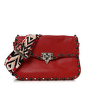 Grained Calfskin Onyx Medium Guitar Strap Rockstud Rolling Flap Saddle Bag Rosso Valentino
