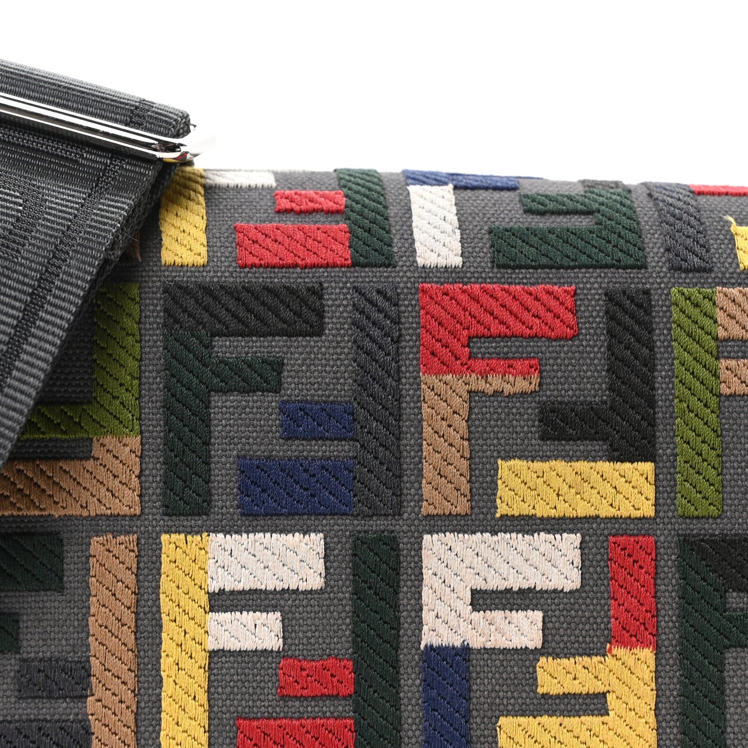 Canvas Vitello King Seta FF Embroidered Mini Compact Messenger Bag Asfalto Multicolor