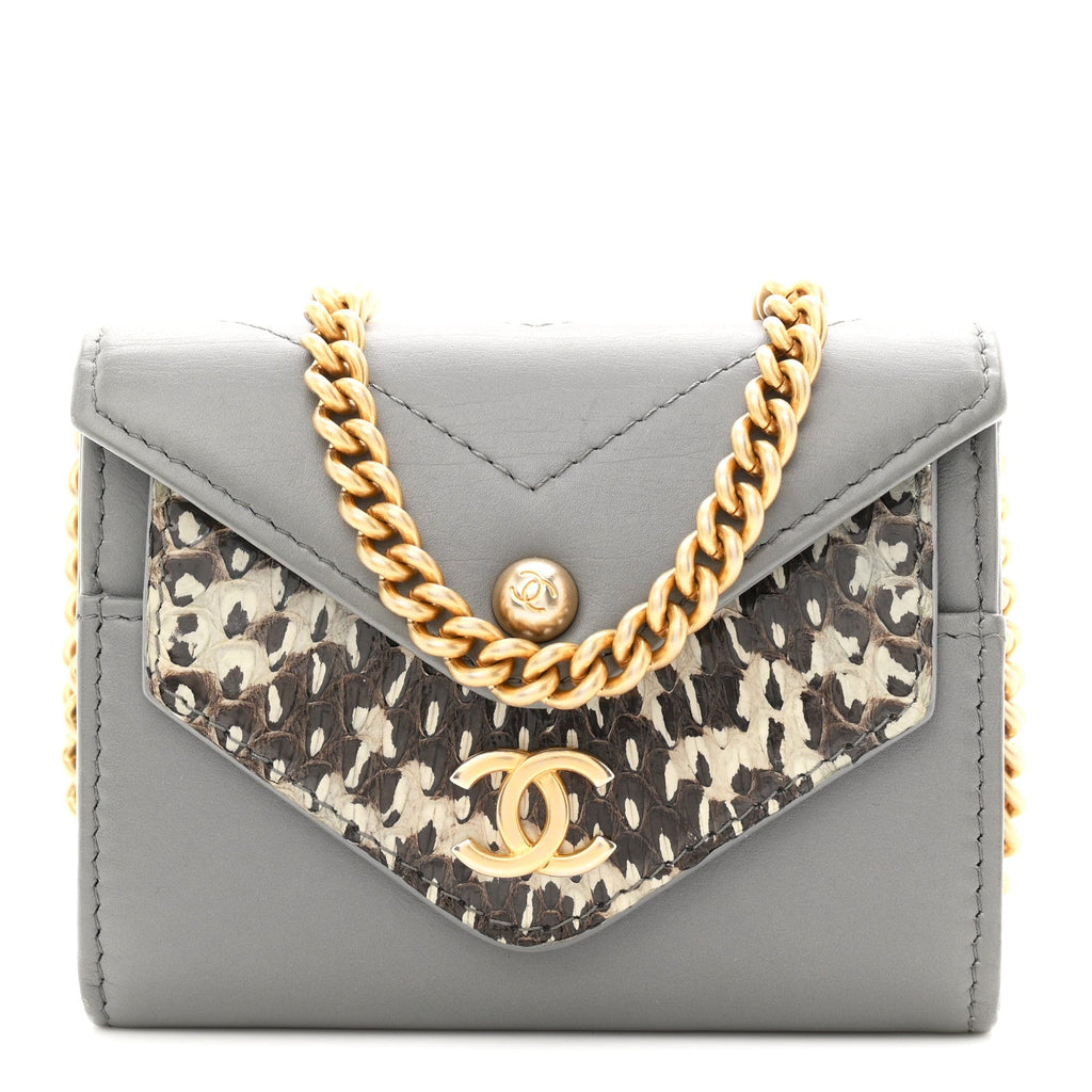 Calfskin Elaphe Double Chevron Card Case On Chain Grey