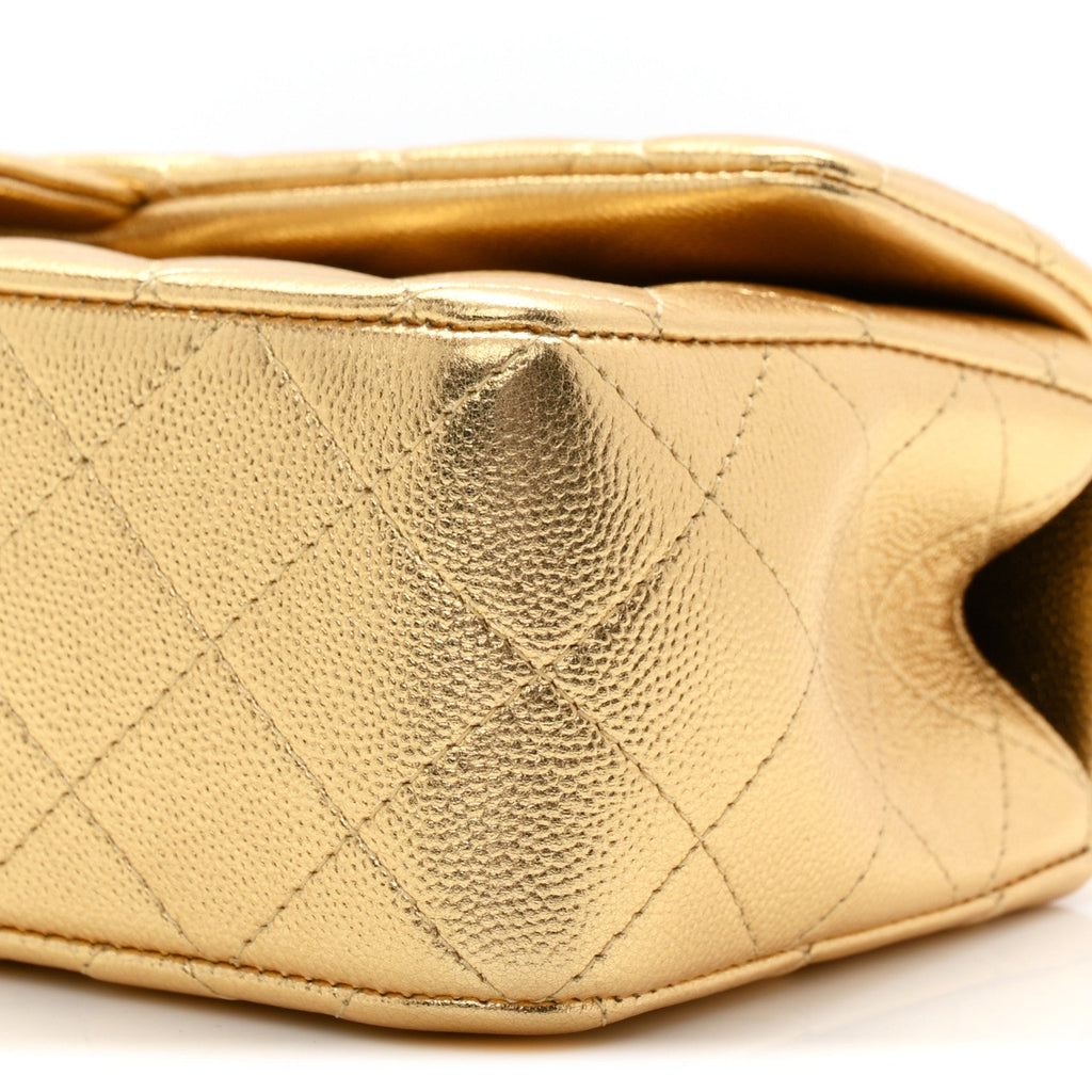 Metallic Caviar Quilted Top Handle East West Flap Gold