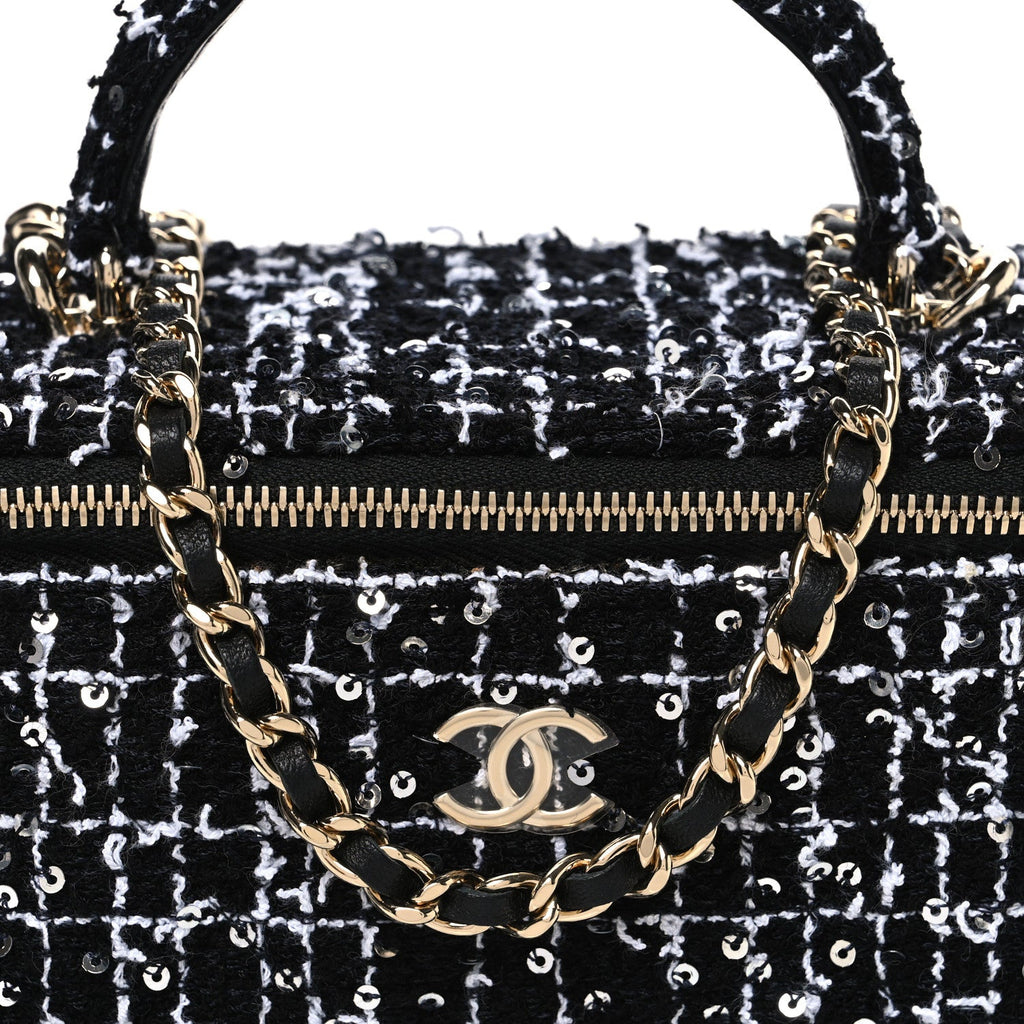 Tweed Sequin Small Top Handle Vanity Case With Chain Black White