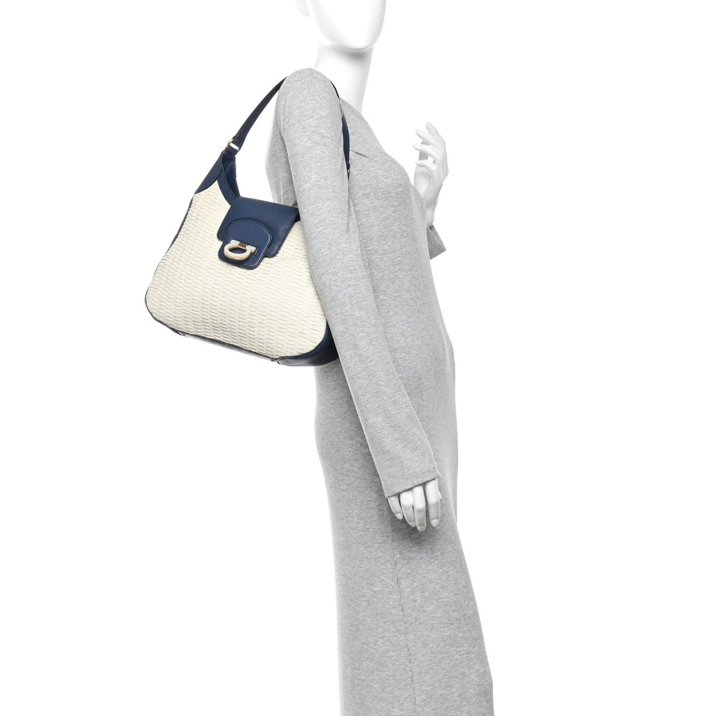 Woven Calfskin Gancini Hobo Blue White