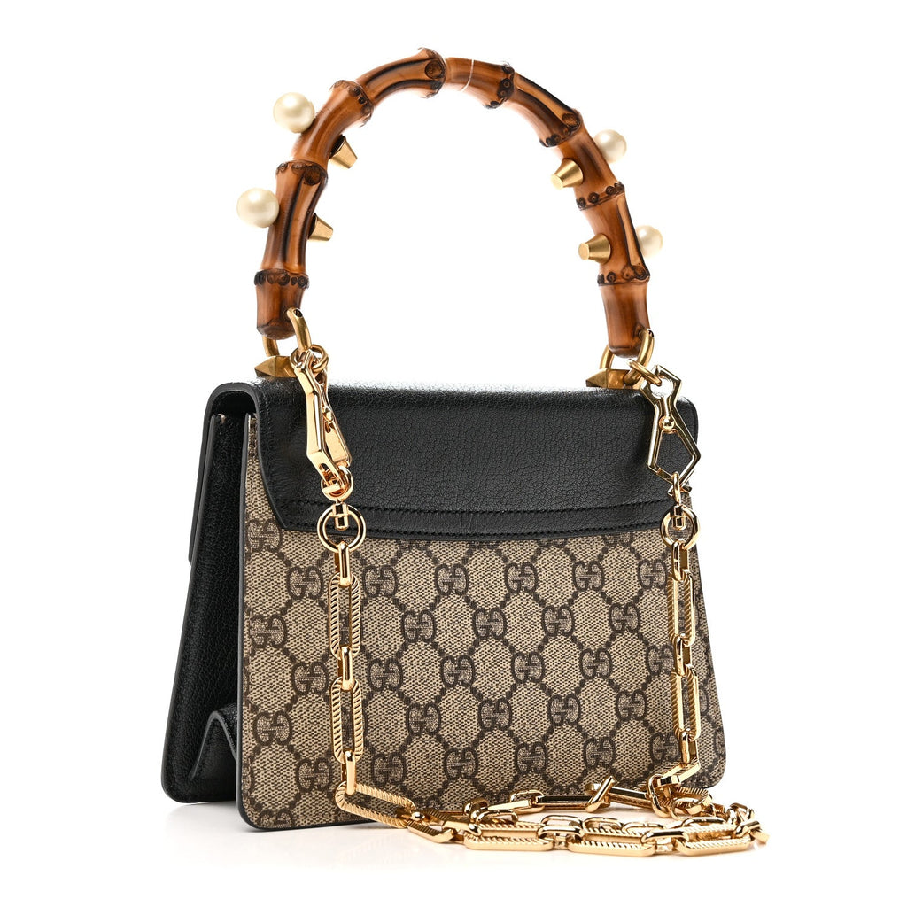 GG Supreme Monogram Goatskin Pearl Mini Fox Broche Bamboo Top Handle Bag Beige Ebony Black Hibiscus Red Mystic White