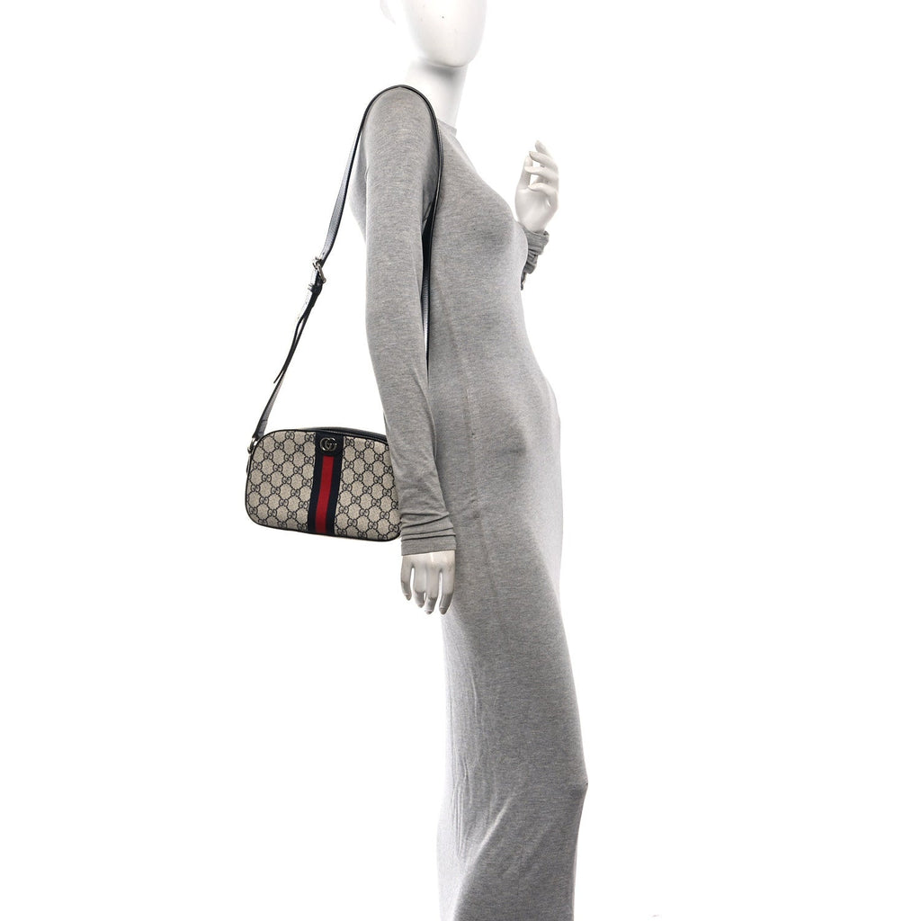 GG Supreme Monogram Textured Dollar Calfskin Web Small Ophidia Camera Bag Beige Blue
