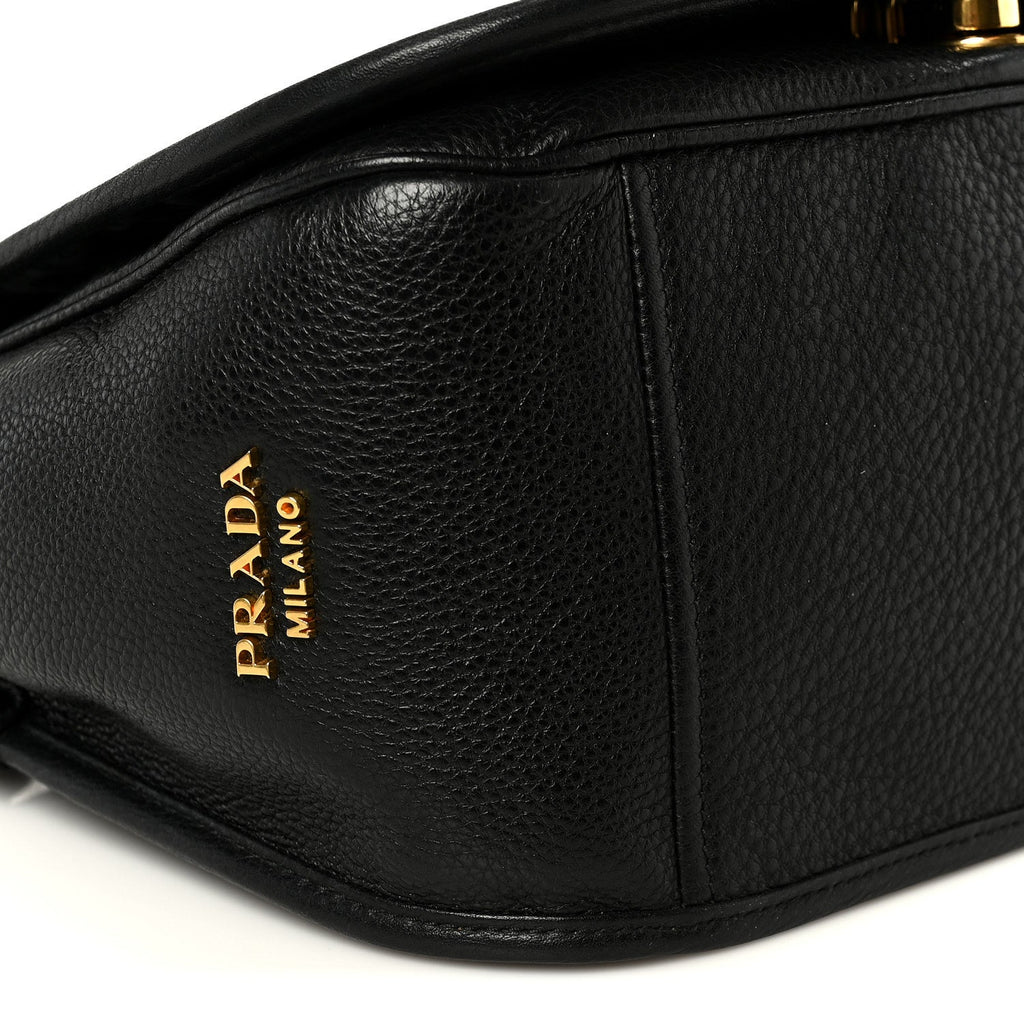 Vitello Daino Embossed Logo Flap Shoulder Bag Black